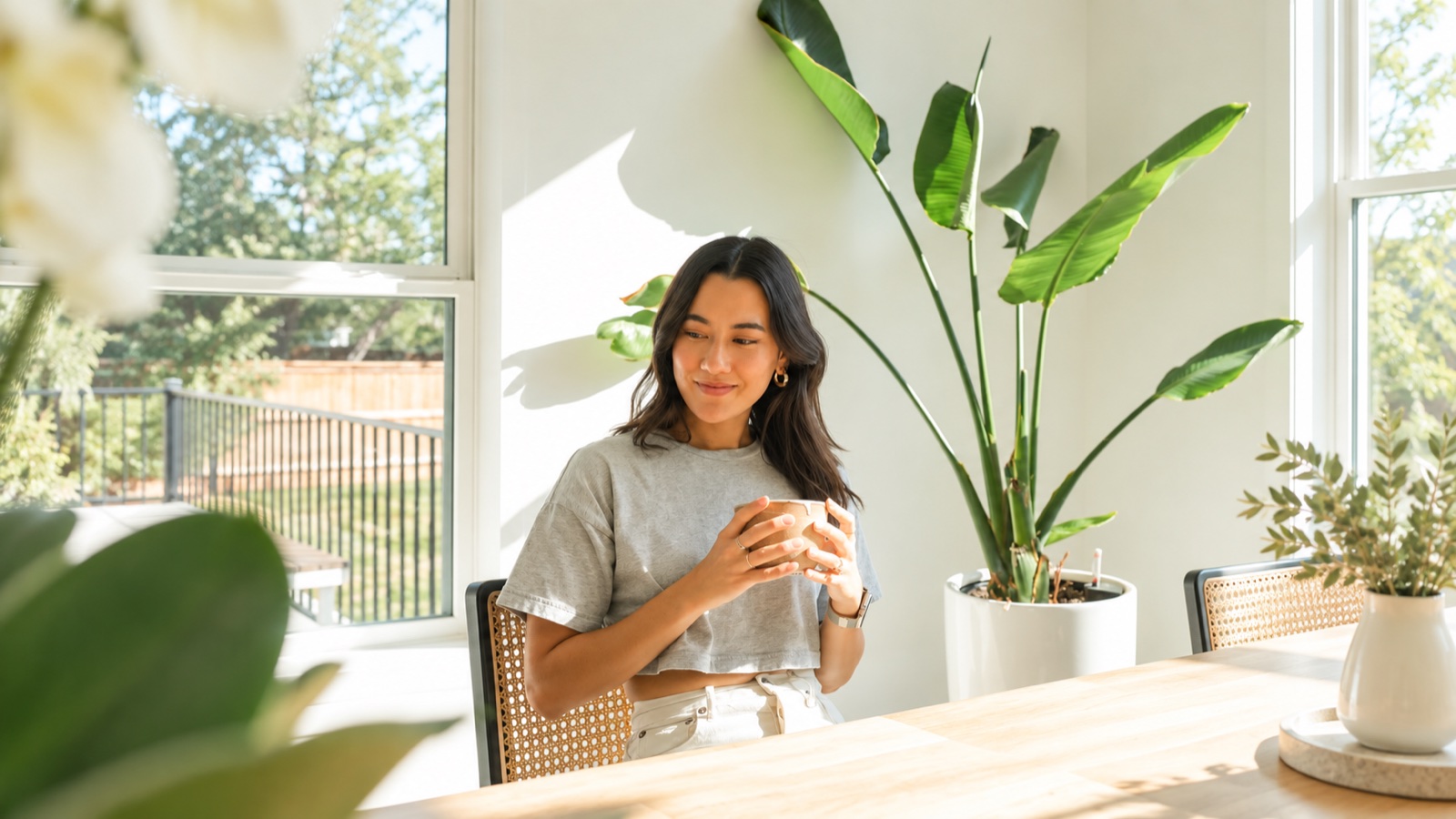 A woman relaxing at home with a warm drink, sunlight and greenery around her
